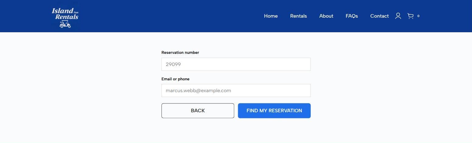 Check-in lookup form with reservation number 29099 and the renter e-mail filled in
