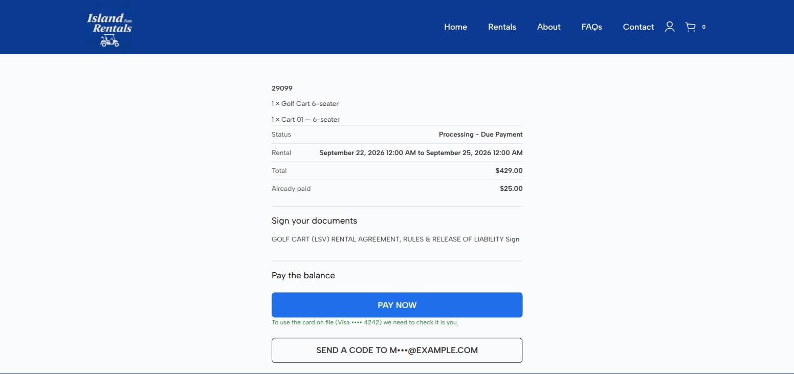 Check-in screen showing order 29099 with Cart 01 6-seater attached, status Processing Due Payment, total 429 dollars, 25 dollars already paid, and steps to sign documents and pay the balance