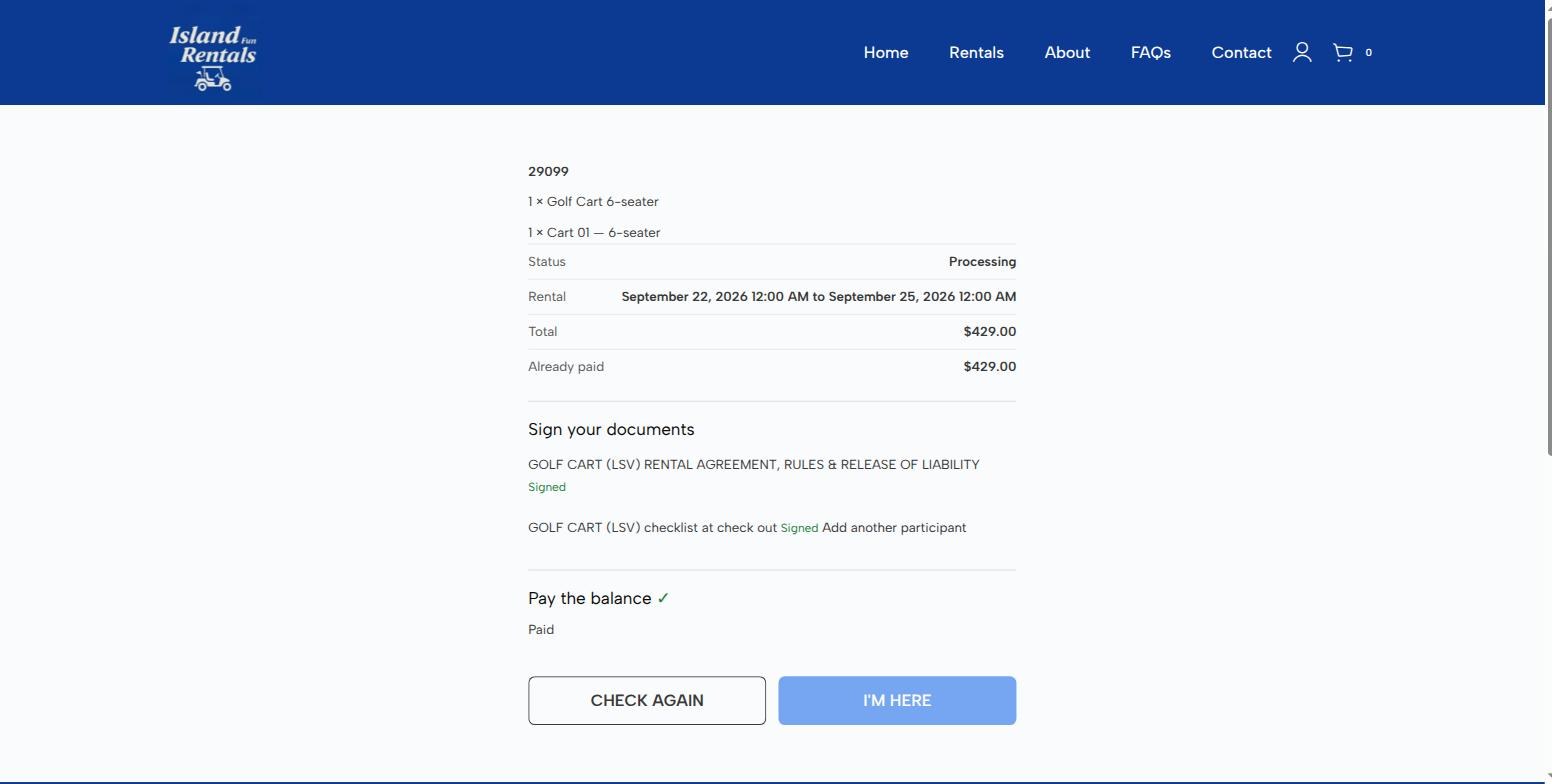 Check-in screen now listing the check-out checklist alongside the rental agreement, with the I'm here button greyed out again