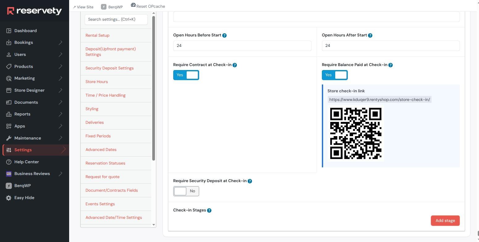 Store check-in settings showing a 24 hour window either side of the start, contract and balance required, security deposit not required, and a generated QR code beside the check-in link
