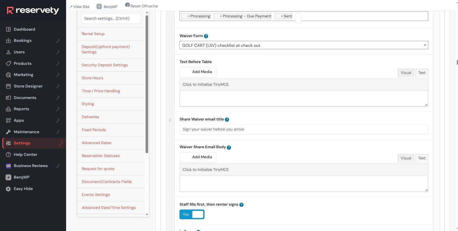 Document rule for the check-out checklist, mapped to the Processing, Processing Due Payment and Sent statuses, with Staff fills first then renter signs switched to Yes
