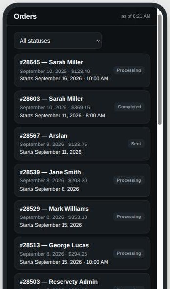 Today's orders list in the staff app