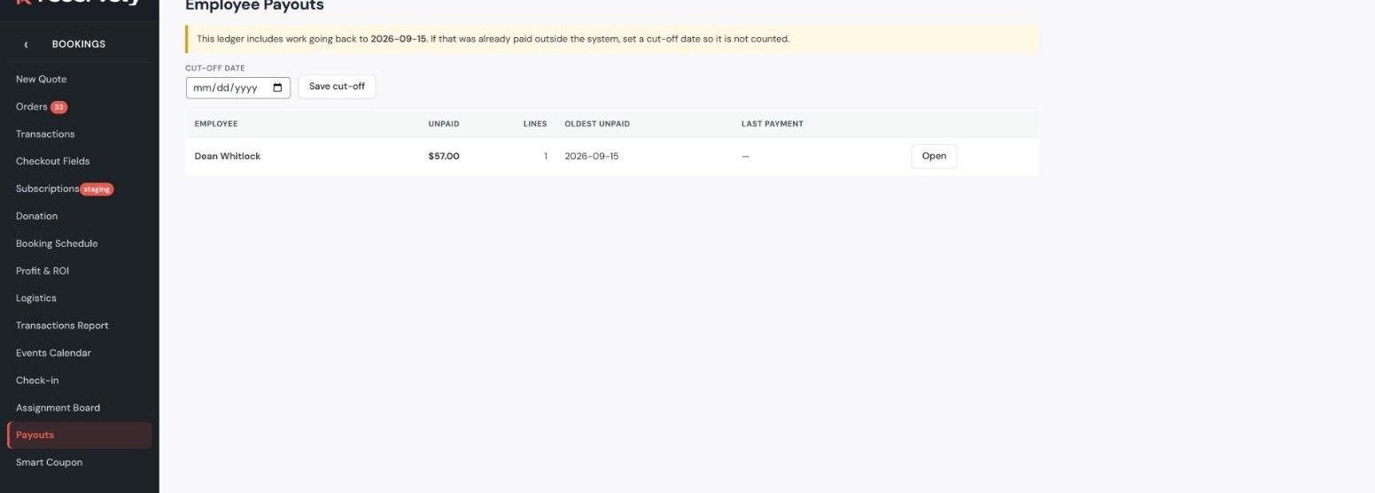 Employee payouts screen showing 57 dollars unpaid across a single line