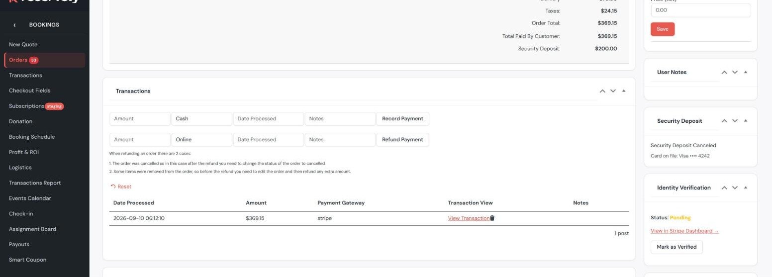 Completed order showing the security deposit canceled, a total of 369.15 and the 200 dollar deposit line