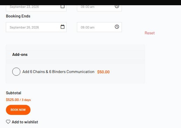 Booking widget with start and end dates and times filled in and a subtotal of 525 dollars for 3 days