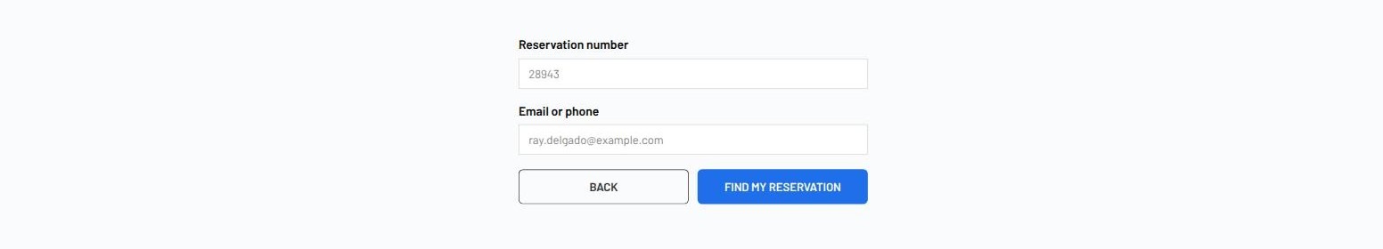 Lookup form with reservation number 28943 and the renter's email filled in