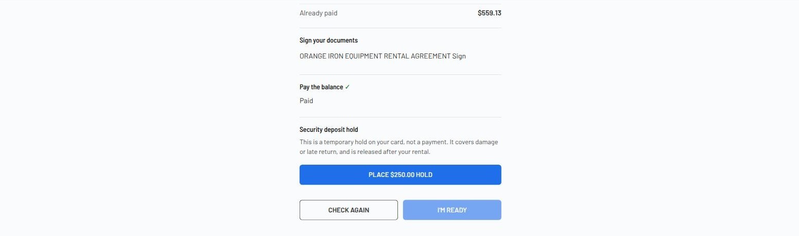 Security deposit hold step explaining it is a temporary hold not a payment, with a Place 250.00 hold button
