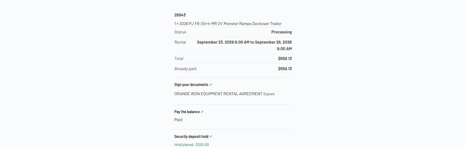Yard screen with documents signed, balance paid and hold placed for 250 dollars, all three ticked
