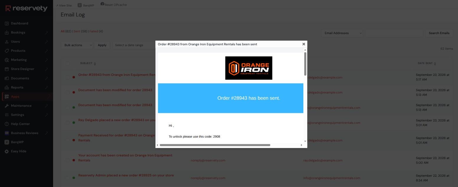 The sent email for order 28943 rendered in the mail log, reading To unlock please use this code: 2908